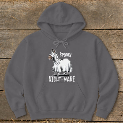 Dark gray hoodie with spooky night-mare horse ghost graphic and text.