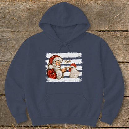 Santa boops a chicken with the word "Boop" on a navy blue hoodie.