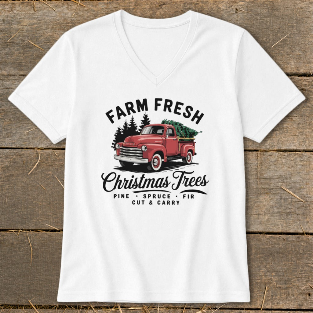 White v-neck t-shirt with "Farm Fresh Christmas Trees" graphic and red truck.