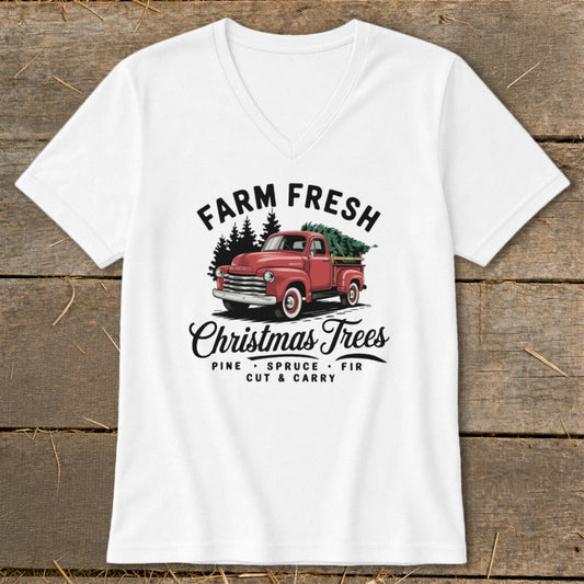 White v-neck t-shirt with "Farm Fresh Christmas Trees" graphic and red truck.