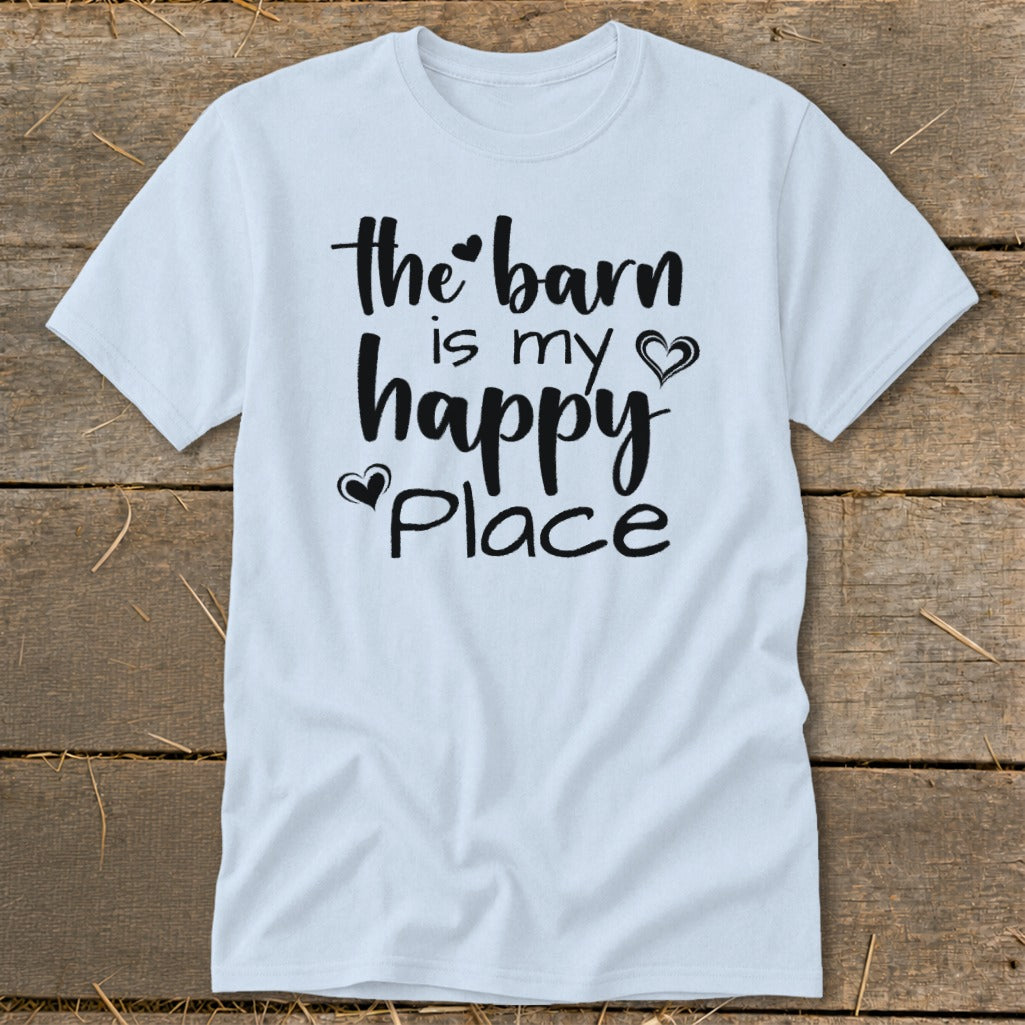 Light blue t-shirt with black text "the barn is my happy place" and small hearts.