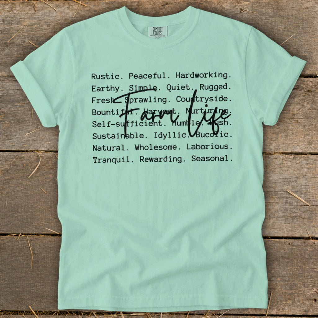 Mint green t-shirt with "Farm life" and descriptive words.