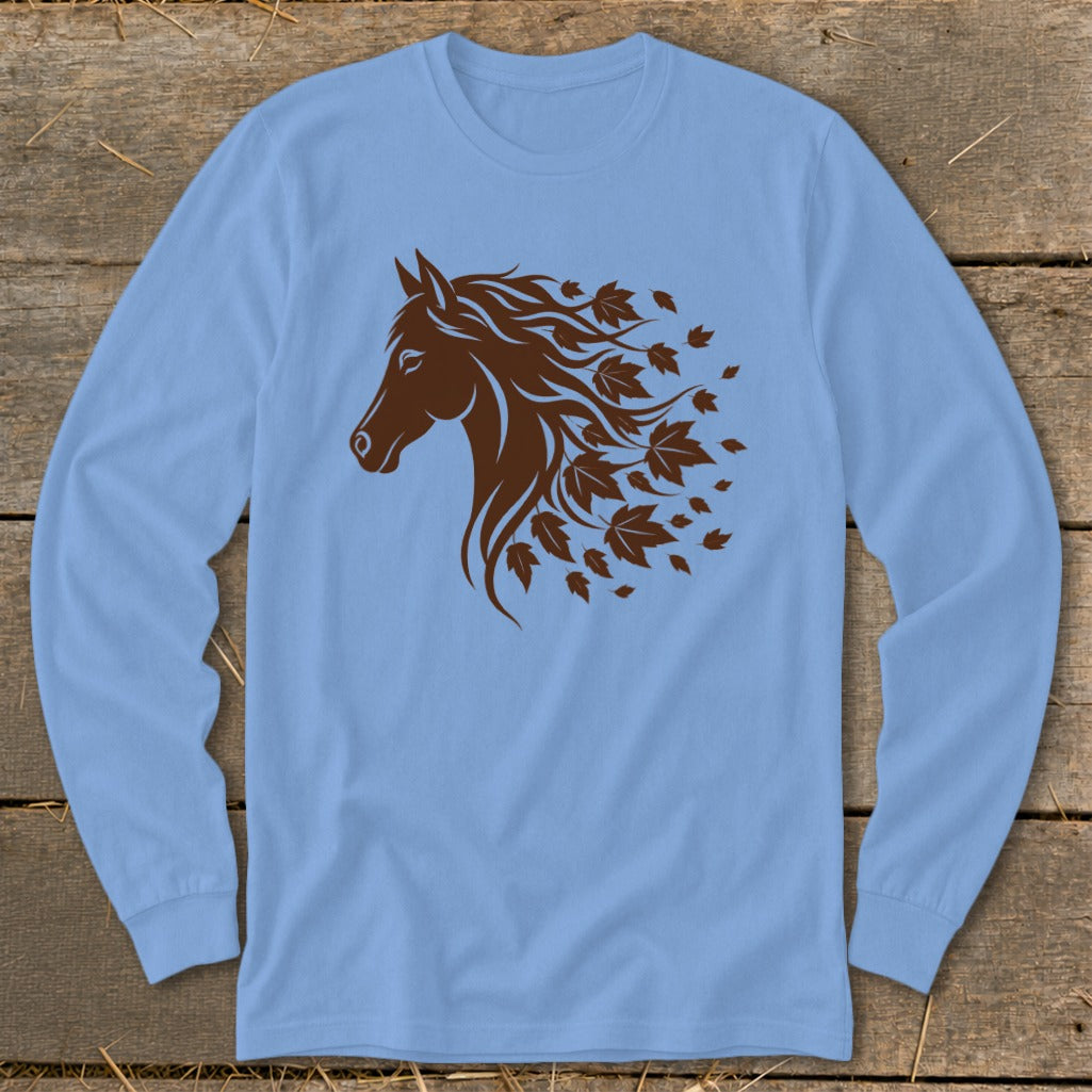 Light blue long-sleeve shirt with brown horse head and falling leaves design.