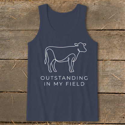Navy tank top with white line art of a cow and text "OUTSTANDING IN MY FIELD".