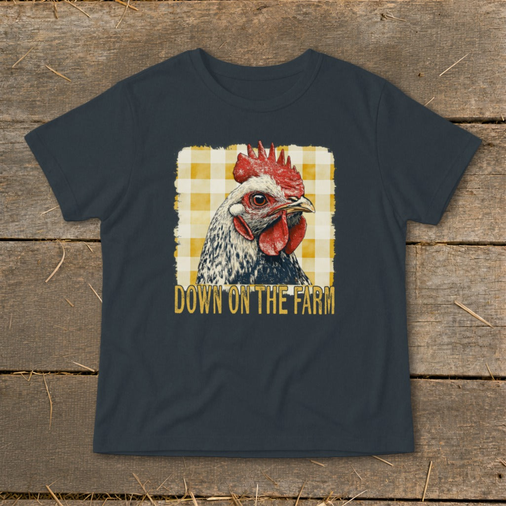 Dark gray t-shirt with a chicken graphic and the text "DOWN ON THE FARM".
