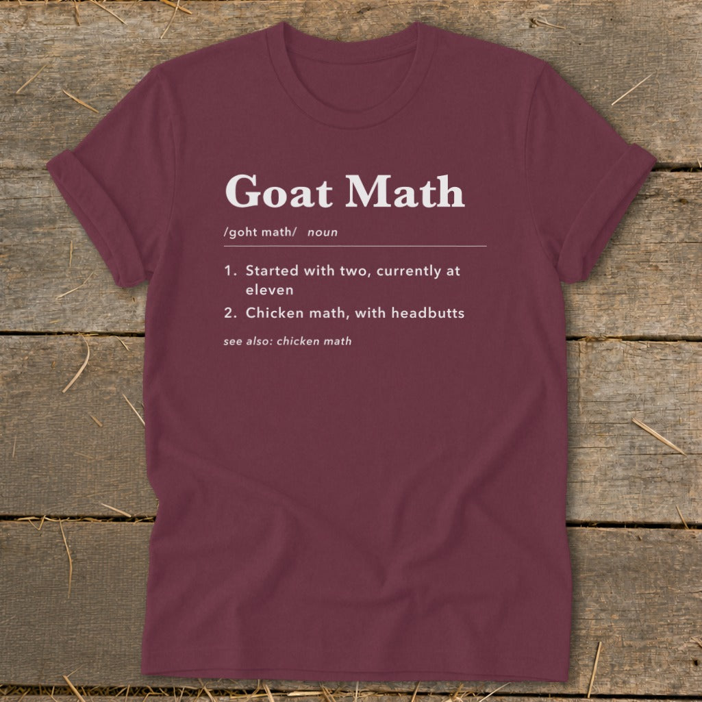 Maroon t-shirt with "Goat Math" definition and related phrases printed in white.