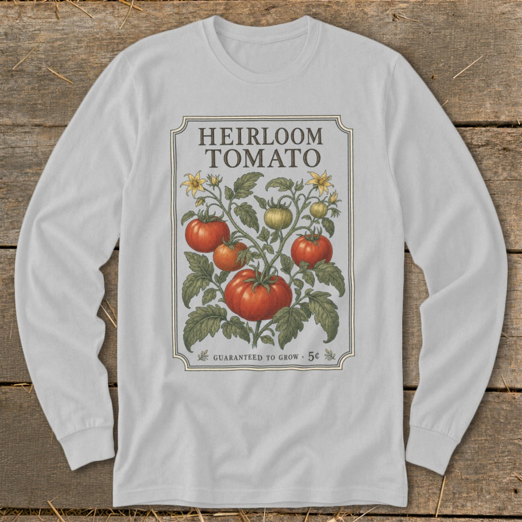Long sleeve shirt featuring heirloom tomato plant illustration with text.
