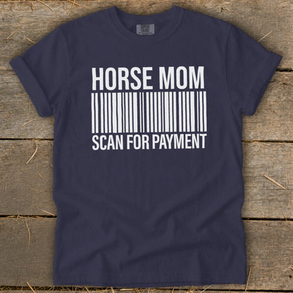 Navy t-shirt with "HORSE MOM SCAN FOR PAYMENT" text and a barcode.