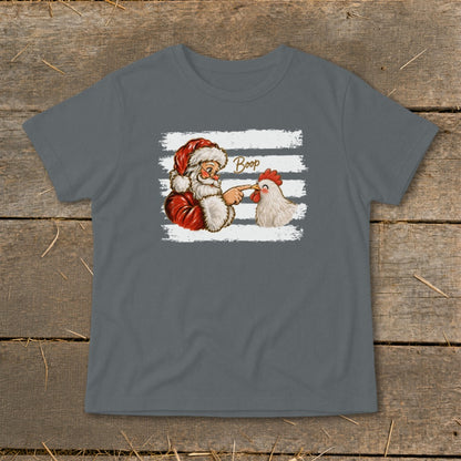 Santa booping a chicken with "Boop" text on a graphic.