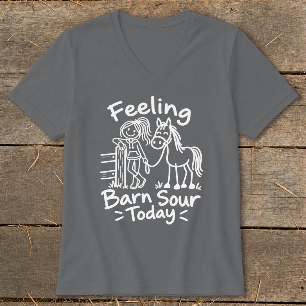 Grey v-neck t-shirt with white "Feeling Barn Sour Today" graphic and stick figures.