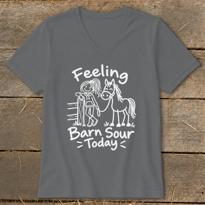 Grey v-neck t-shirt with white "Feeling Barn Sour Today" graphic and stick figures.