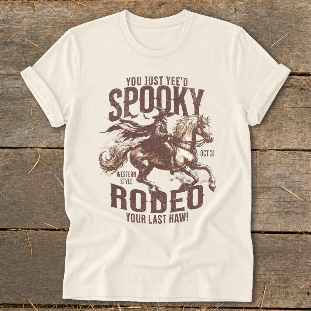 Spooky Western Style Rodeo design with text and a rider on a horse.