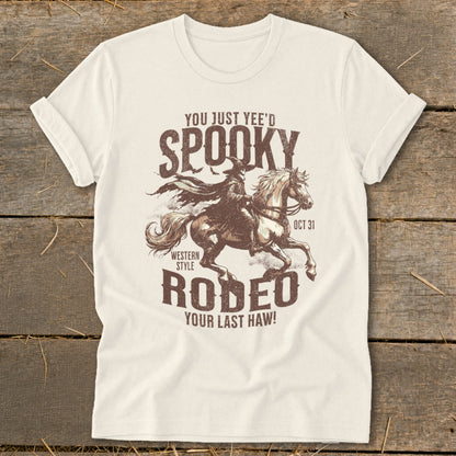 Spooky Western Style Rodeo design with text and a rider on a horse.