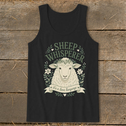 Black tank top with "Sheep Whisperer" and "it's a love language" text and a sheep illustration.