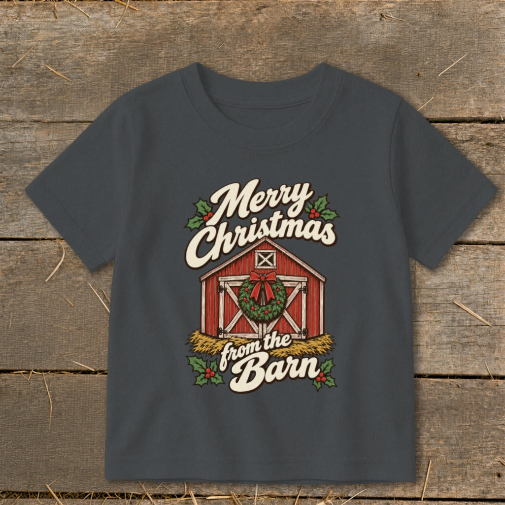 Dark grey t-shirt with "Merry Christmas from the Barn" text and barn graphic.