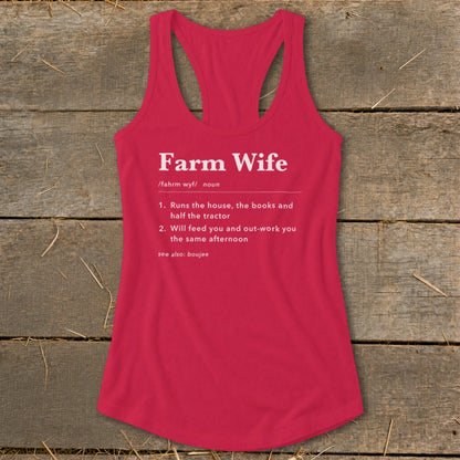 Red tank top with "Farm Wife" definition printed on it.