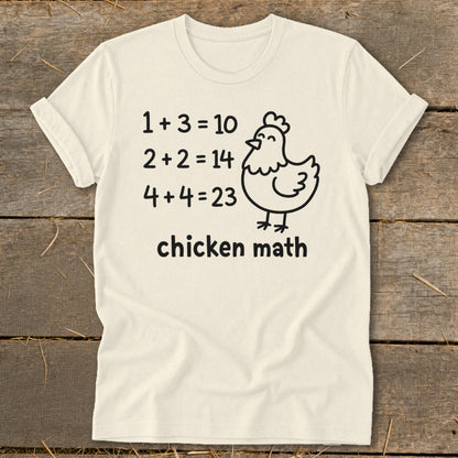 Cream t-shirt with "chicken math" text and a cartoon chicken.
