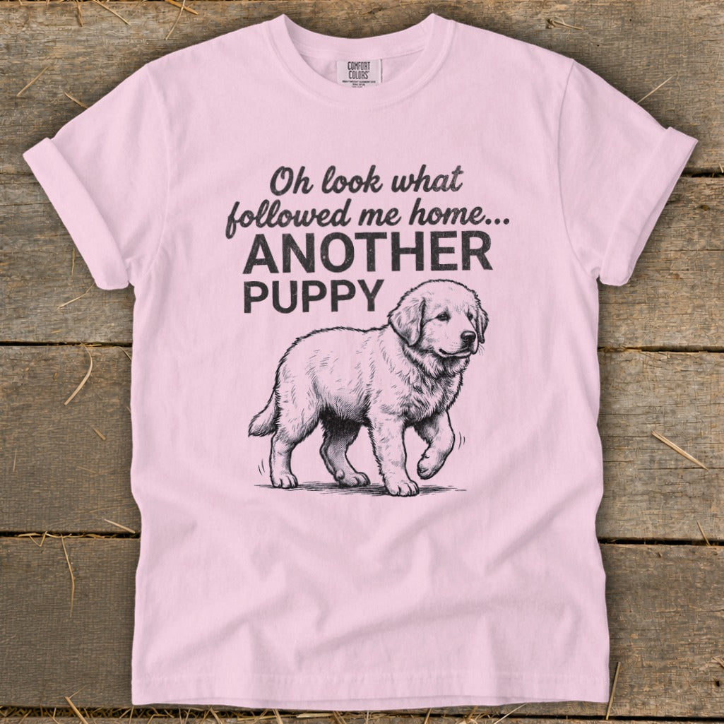 Pink t-shirt with sketch of a puppy and text "Oh look what followed me home... ANOTHER PUPPY"