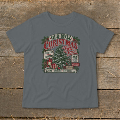 Old Mill Christmas Tree Farm graphic with Christmas tree, gifts, and text.