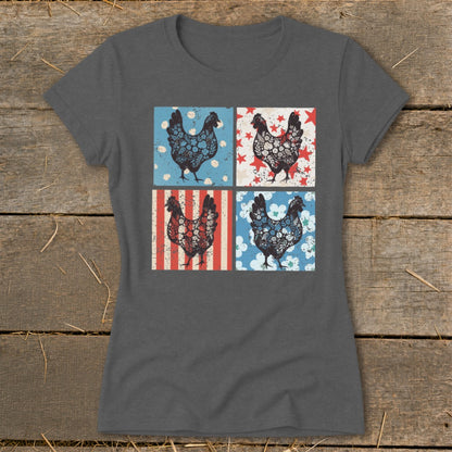 Four silhouetted chickens with vintage floral and patriotic patterns on a t-shirt.