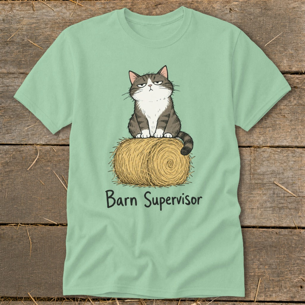 T-shirt with grumpy cat sitting on hay bale, text reads "Barn Supervisor".