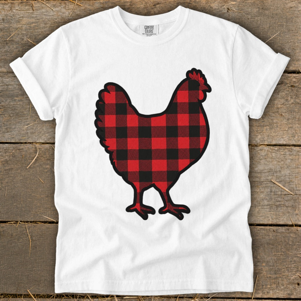 White t-shirt with a red and black buffalo plaid chicken graphic.