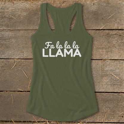 Green racerback tank top with white text reading "Fa la la la LLAMA".