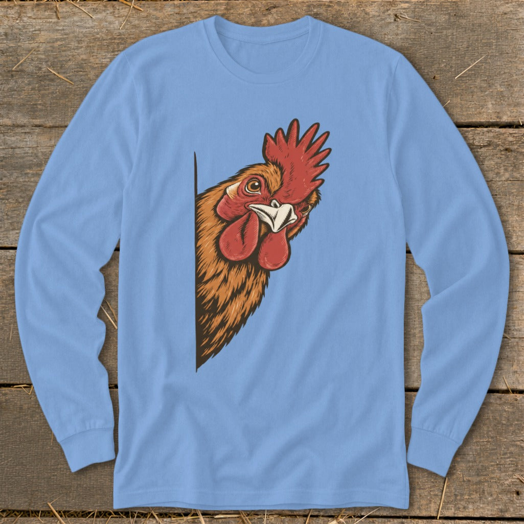 Rooster head peeking from the side of a light blue long-sleeve shirt.