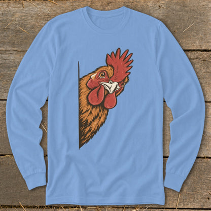 Rooster head peeking from the side of a light blue long-sleeve shirt.