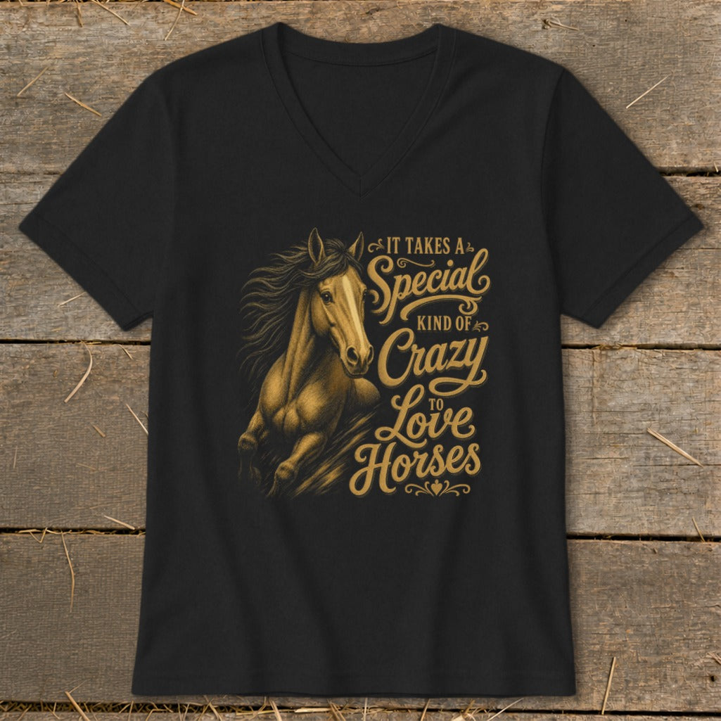 Black t-shirt with golden horse graphic and text "It takes a special kind of crazy to love horses".