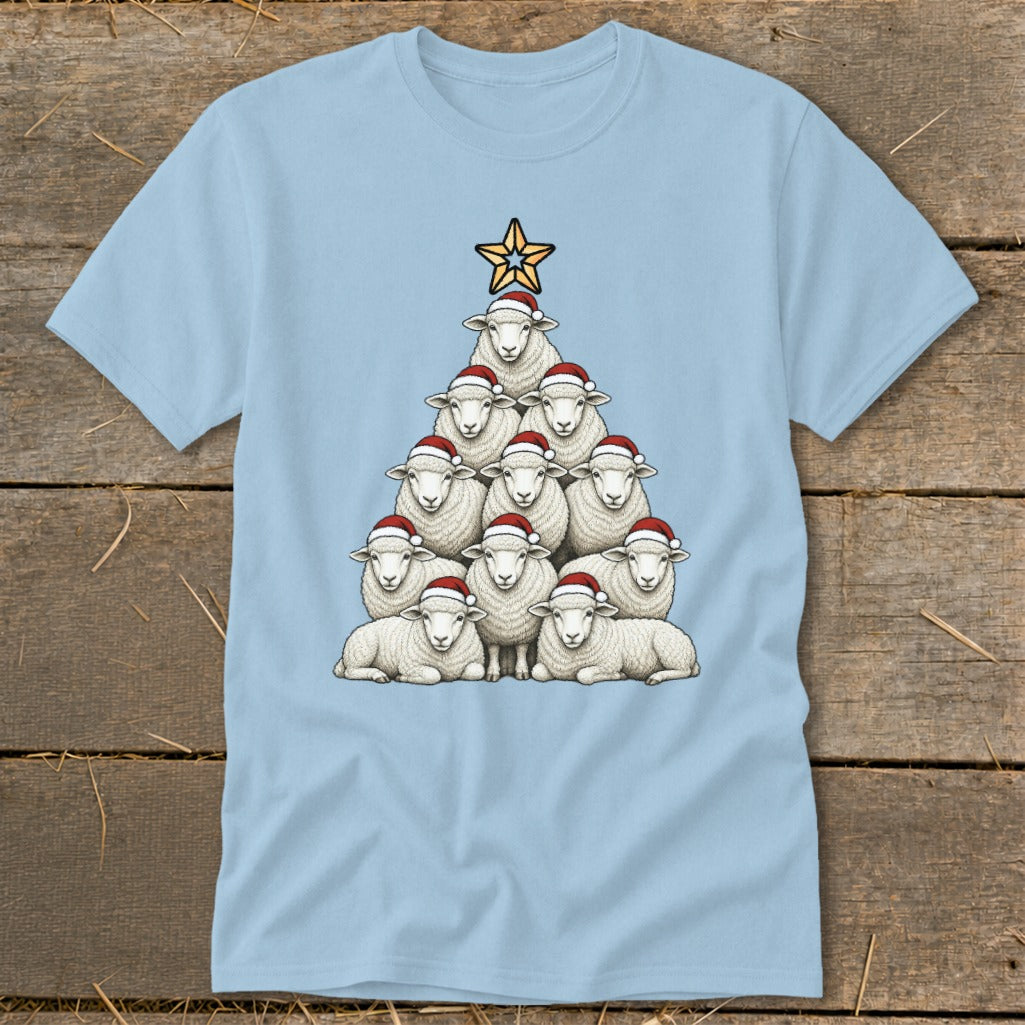 Light blue t-shirt with a Christmas tree made of sheep wearing Santa hats.