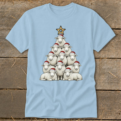 Light blue t-shirt with a Christmas tree made of sheep wearing Santa hats.
