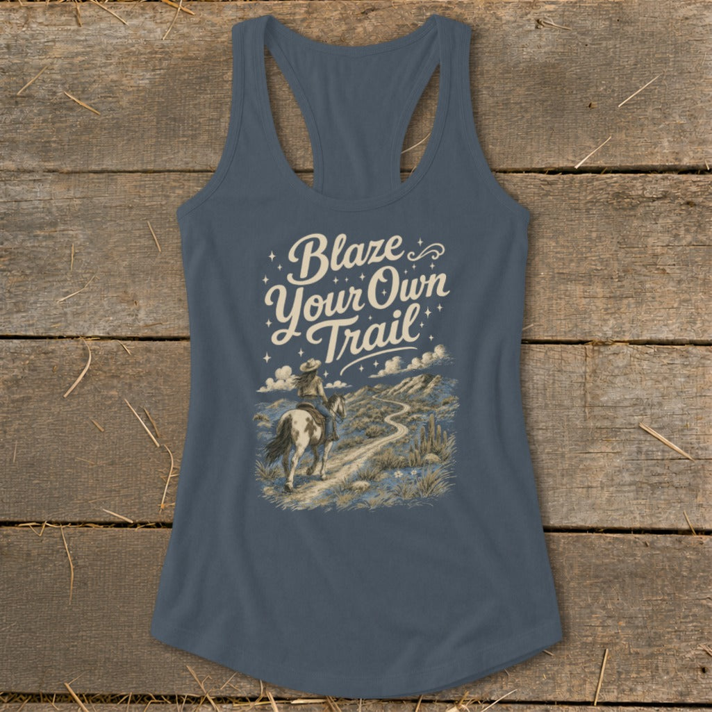 Tank top with "Blaze Your Own Trail" text over a rider on horseback in a desert landscape.