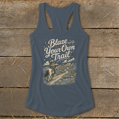 Tank top with "Blaze Your Own Trail" text over a rider on horseback in a desert landscape.