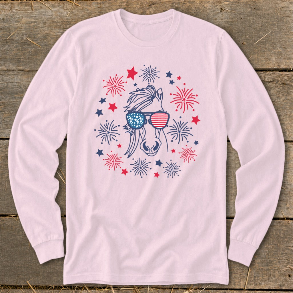 Horse wearing patriotic sunglasses surrounded by fireworks and stars.