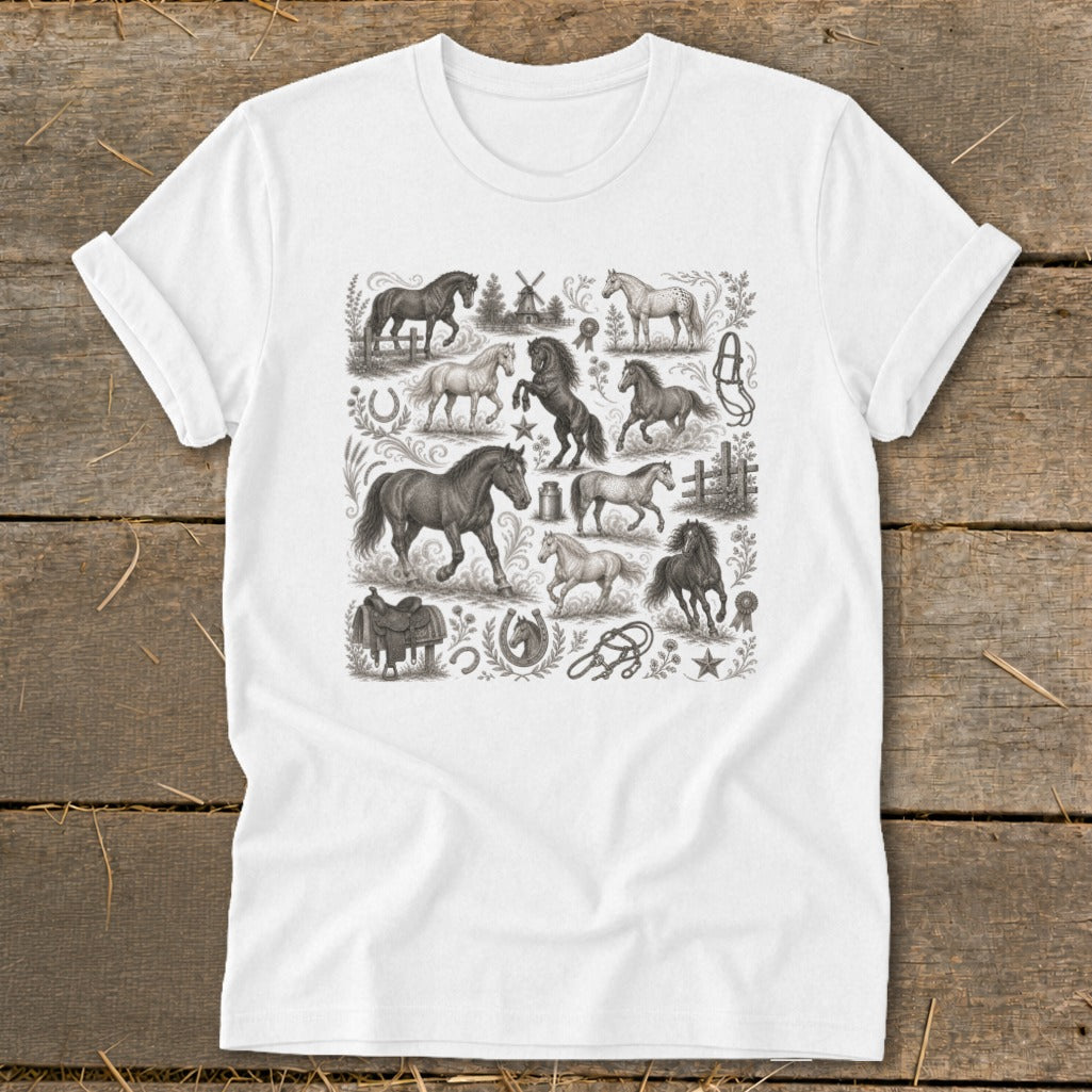 White t-shirt with a collage of vintage horse illustrations and equestrian elements.