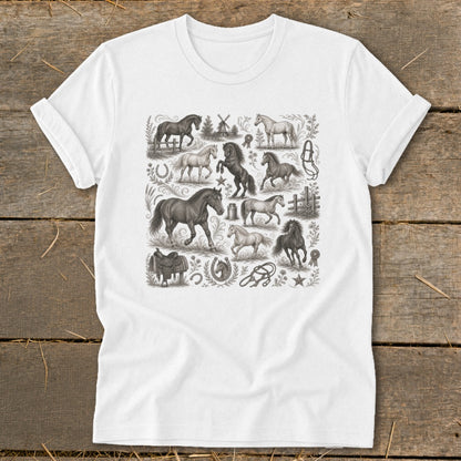White t-shirt with a collage of vintage horse illustrations and equestrian elements.