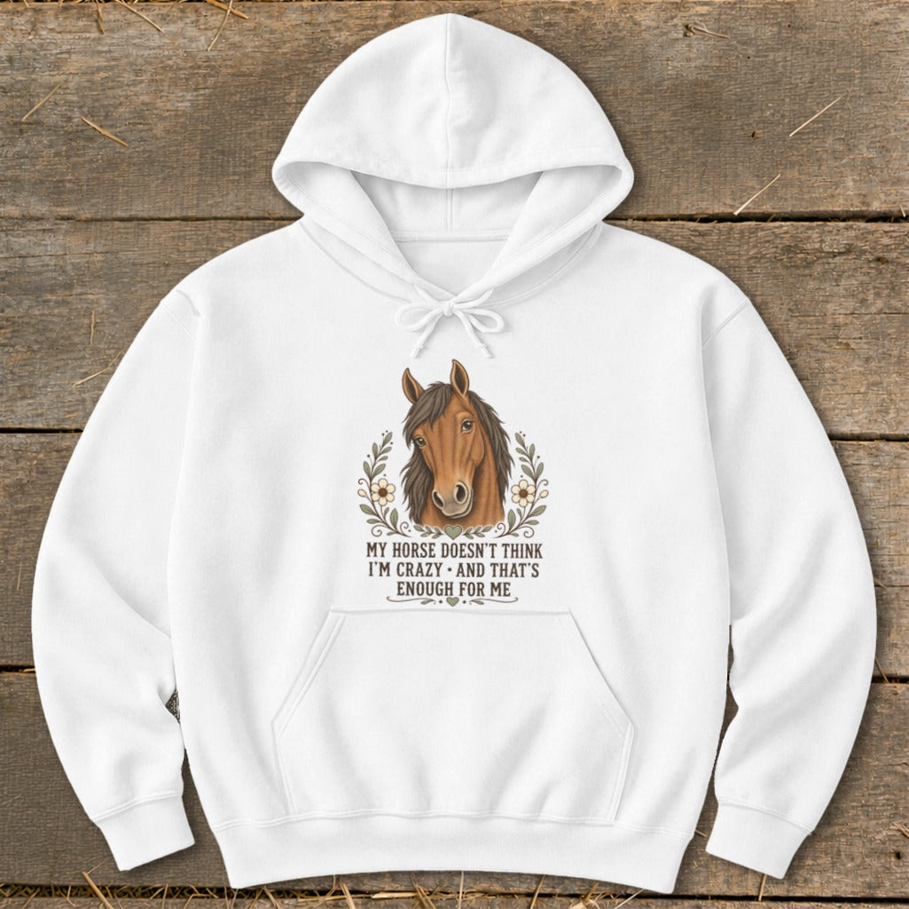 White hoodie with horse graphic and text "My horse doesn't think I'm crazy."