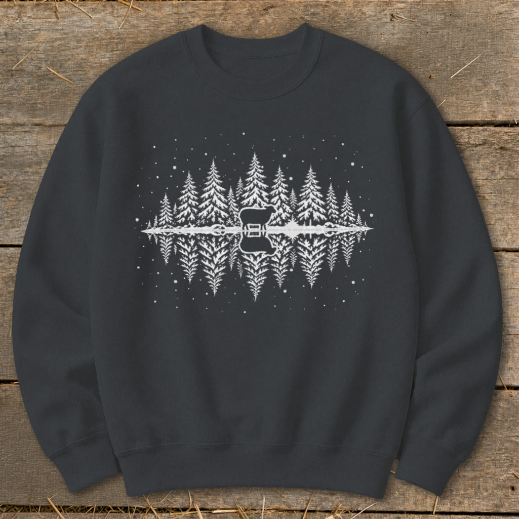Dark gray sweatshirt with white graphic of sheep and trees reflected in water.