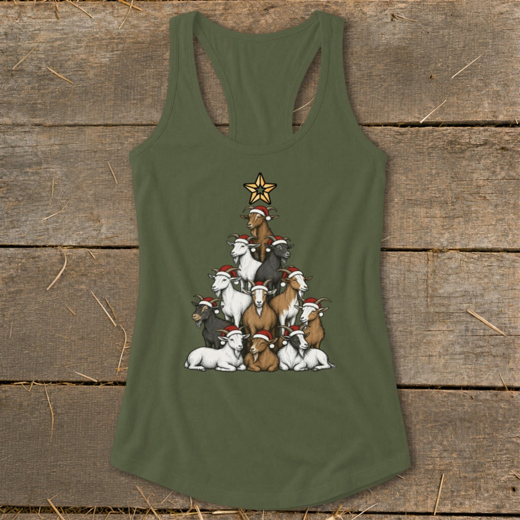 Tank top with a Christmas tree formed by goats wearing Santa hats.