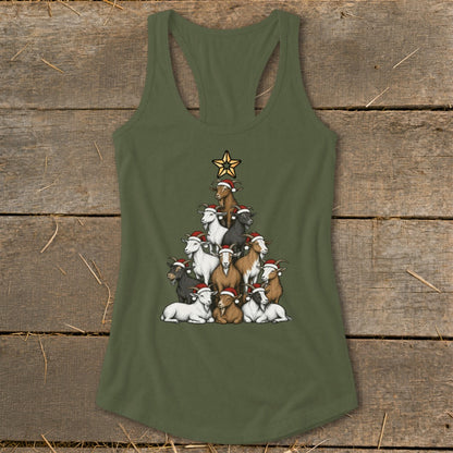 Tank top with a Christmas tree formed by goats wearing Santa hats.