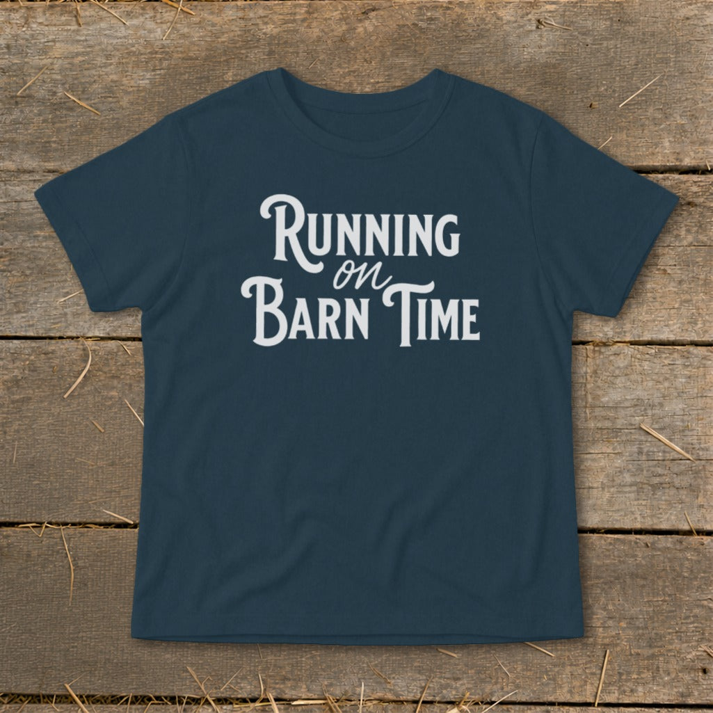 Navy t-shirt with white text reading "Running on Barn Time".