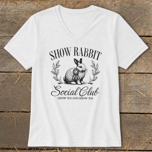 White t-shirt with "Show Rabbit Social Club" text and a rabbit graphic.