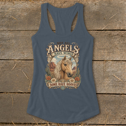 Blue tank top with horse portrait and text "Not All Angels Have Wings Some Have Hooves".