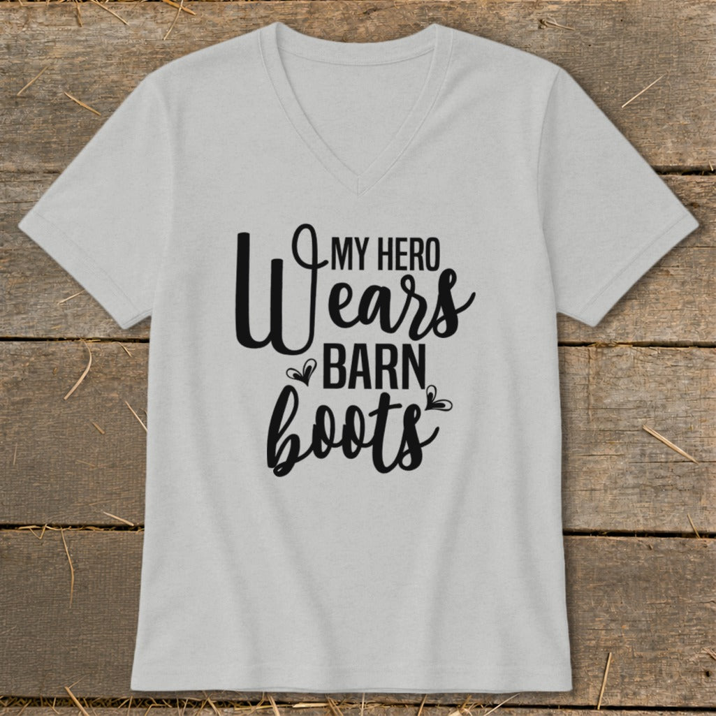 Light grey t-shirt with "My Hero Wears Barn Boots" text design.