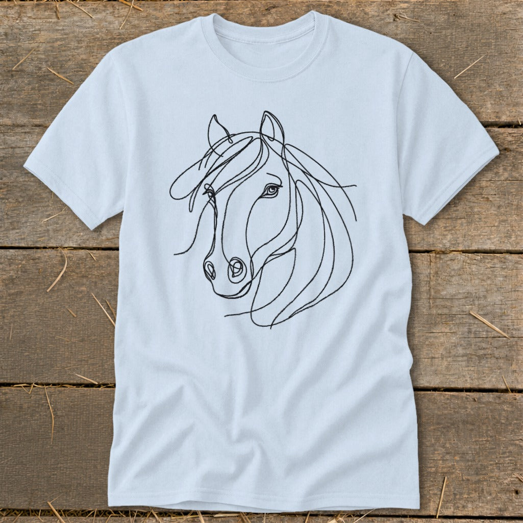 Light blue t-shirt with a continuous line drawing of a horse's head.