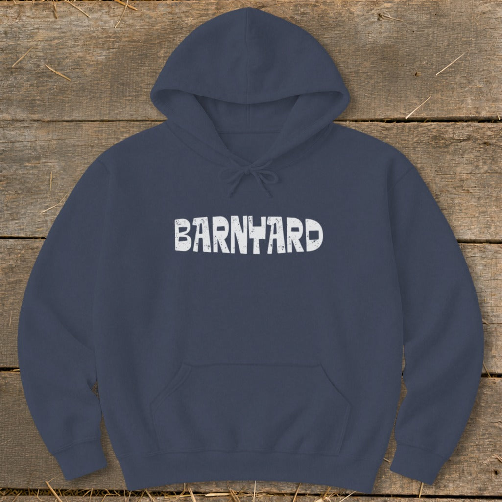 A dark blue hoodie with the word BARNYARD printed in distressed white letters across the chest.