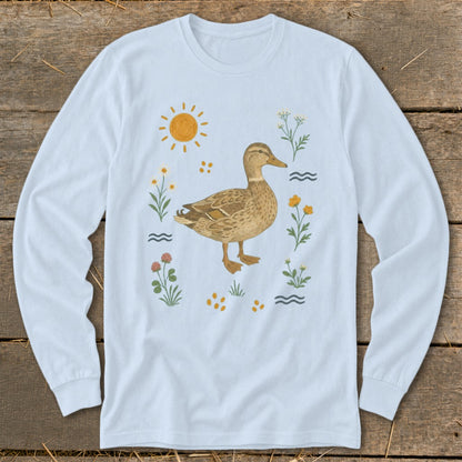 Light blue long-sleeve t-shirt with a detailed illustration of a mallard duck and surrounding flora.