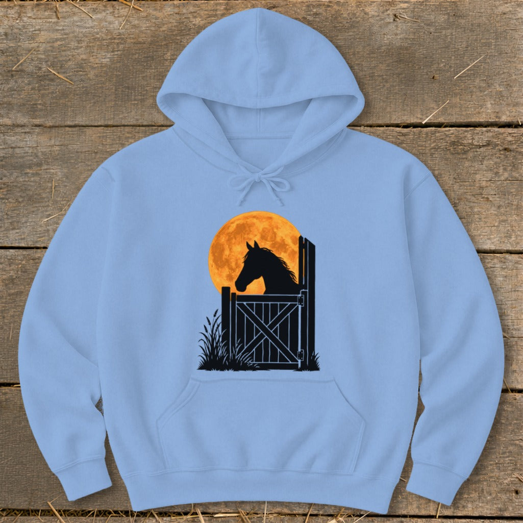Light blue hooded sweatshirt with a graphic of a horse looking out a stable door before a large orange moon.