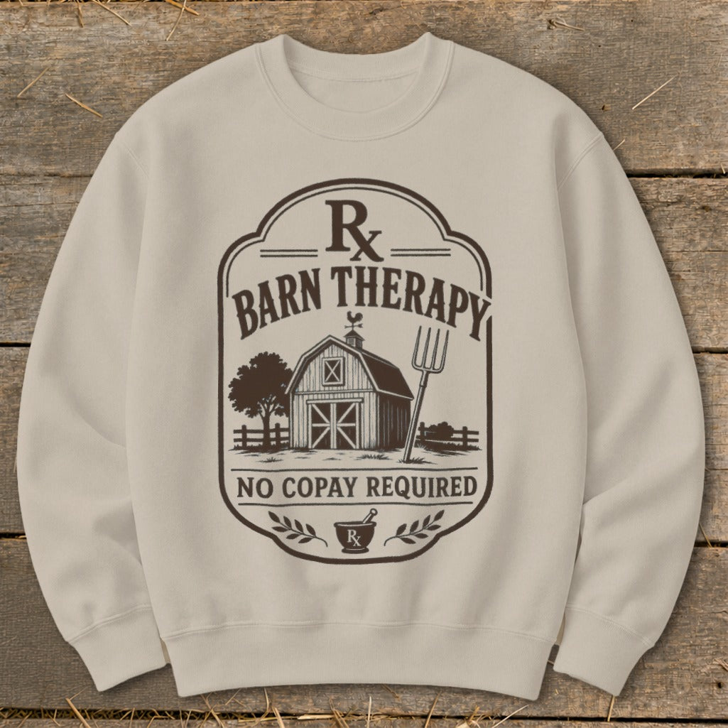 Crewneck sweatshirt with "Barn Therapy" and farm scene graphic.